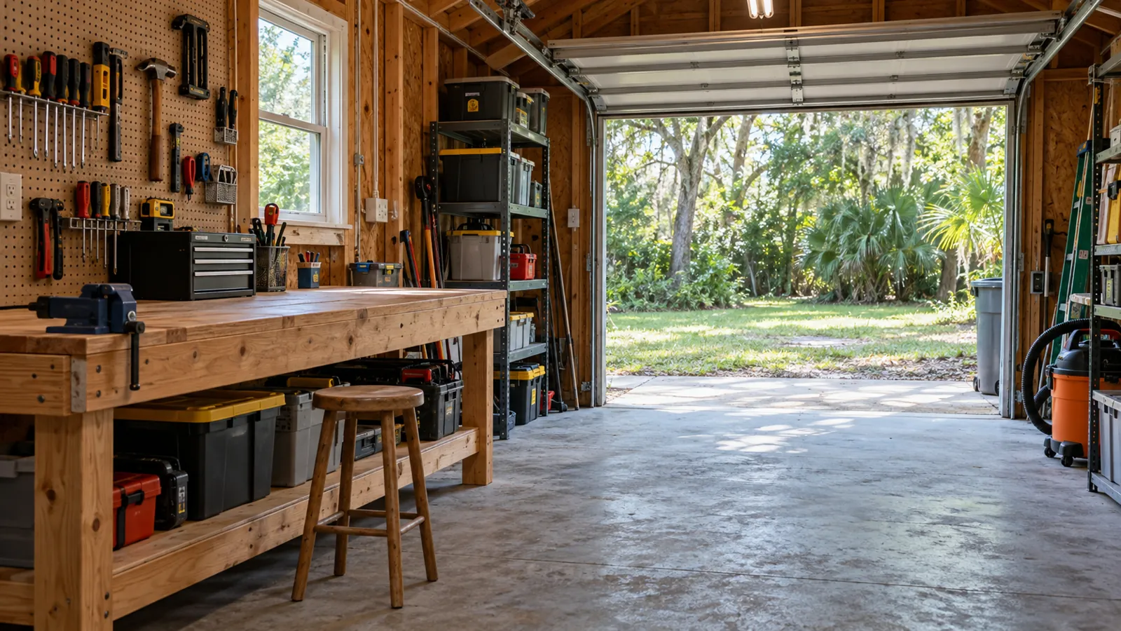Finished garage workshop with lighting and electrical receptacles