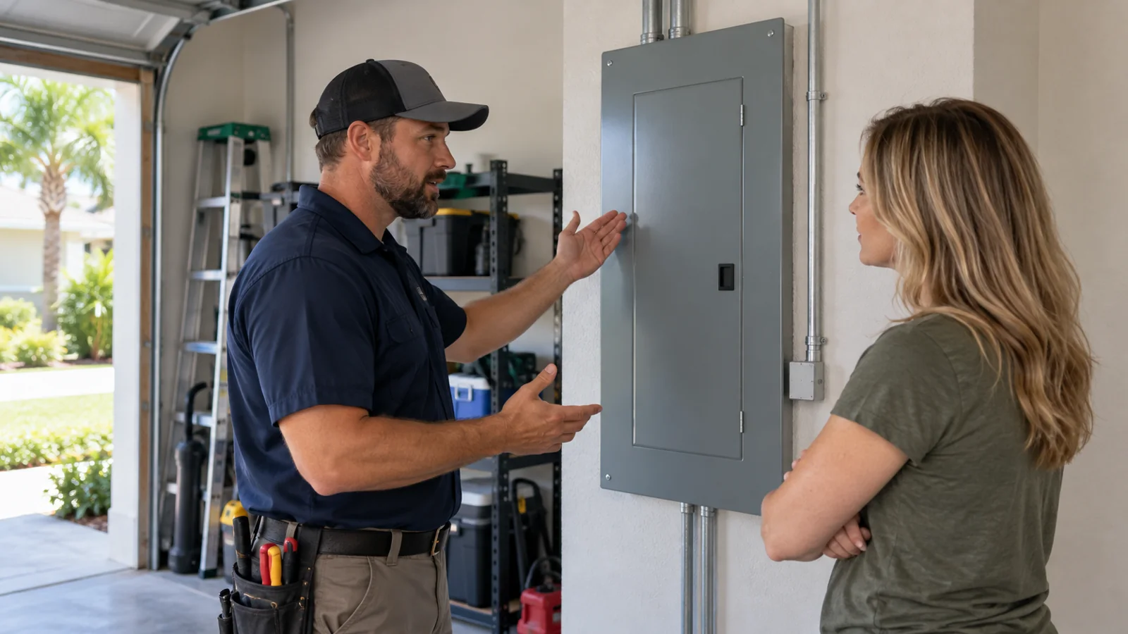 Homeowner and electrician reviewing a residential electrical panel